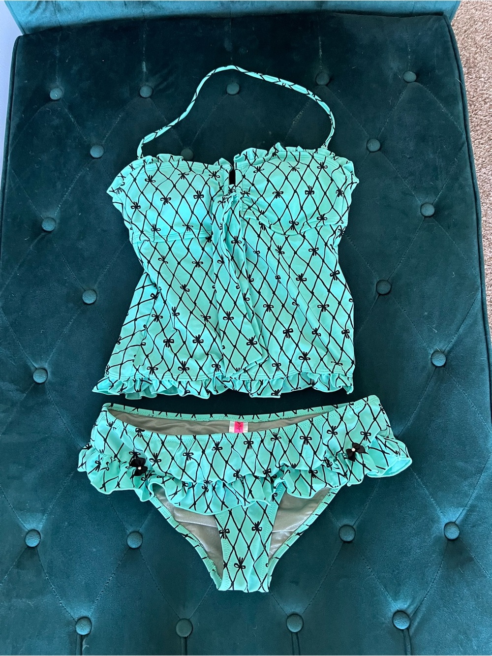 Betsey Johnson 2 Piece Tankini Swimsuit  Black And Teal Sz: S EUC